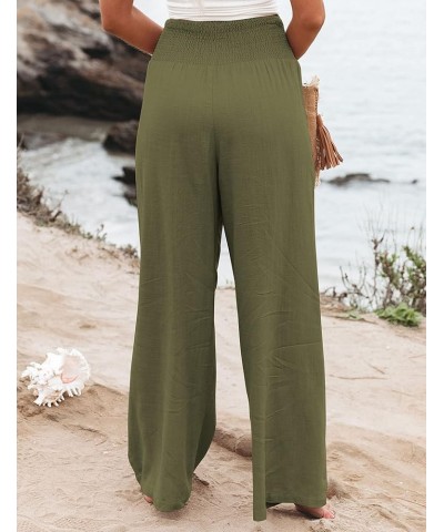 Cotton Linen Wide Leg Pants for Women High Waist Summer Work Smocked Pants with Pockets Army Green $12.76 Pants