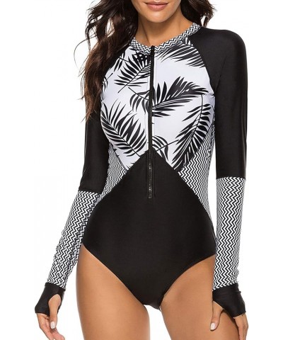 Women's Long Sleeve one Piece Swimsuit Athletic Rash Guard Zipper Floral Printed Surfing Swimsuit Bathing Suit Black White $1...