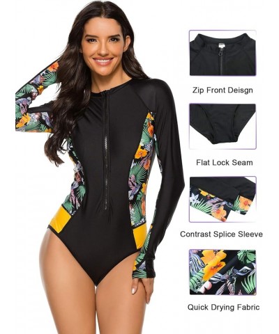 Women's Long Sleeve one Piece Swimsuit Athletic Rash Guard Zipper Floral Printed Surfing Swimsuit Bathing Suit Black White $1...