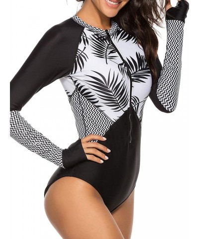 Women's Long Sleeve one Piece Swimsuit Athletic Rash Guard Zipper Floral Printed Surfing Swimsuit Bathing Suit Black White $1...