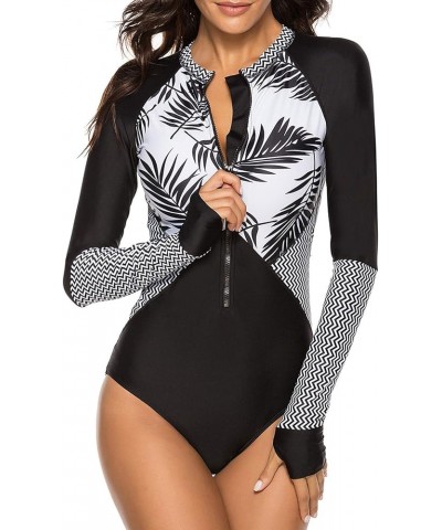 Women's Long Sleeve one Piece Swimsuit Athletic Rash Guard Zipper Floral Printed Surfing Swimsuit Bathing Suit Black White $1...