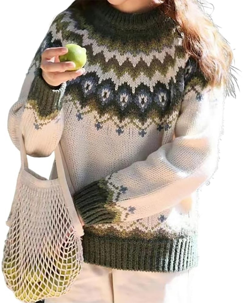 Fair Isle Sweater Women Fall Vintage Sweater Nordic Style Jumper Casual Loose Thick Needle Thick Jacquard Sweater Ethnic Prin...