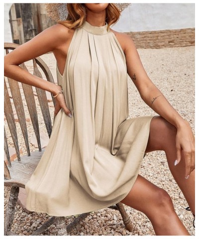 Women's 2024 Summer Halter Neck Sleeveless Mini Dress Loose Tank Top Pleated Flowy Short Beach Dress Sundress Apricot $22.44 ...