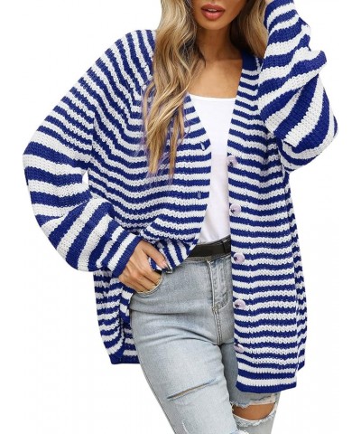 Women Striped Knit Sweater Short Cardigan Single Breasted Fall Colorblock Long Sleeve Lightweight Trendy E-blue $12.75 Sweaters