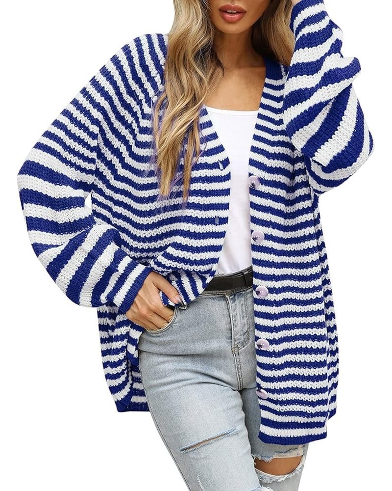 Women Striped Knit Sweater Short Cardigan Single Breasted Fall Colorblock Long Sleeve Lightweight Trendy E-blue $12.75 Sweaters