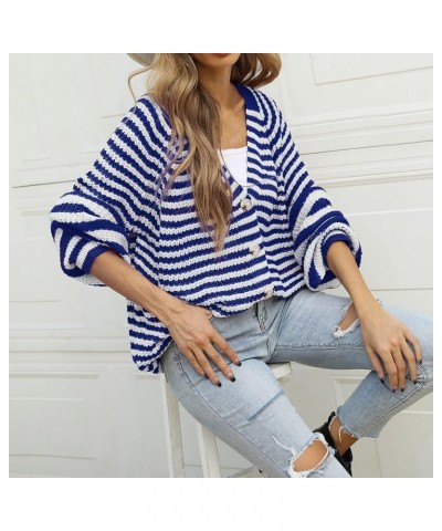 Women Striped Knit Sweater Short Cardigan Single Breasted Fall Colorblock Long Sleeve Lightweight Trendy E-blue $12.75 Sweaters