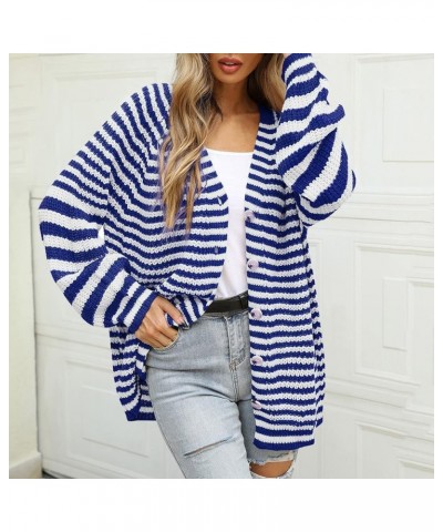 Women Striped Knit Sweater Short Cardigan Single Breasted Fall Colorblock Long Sleeve Lightweight Trendy E-blue $12.75 Sweaters