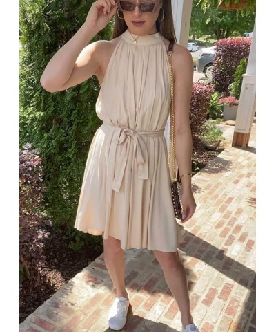 Women's 2024 Summer Halter Neck Sleeveless Mini Dress Loose Tank Top Pleated Flowy Short Beach Dress Sundress Apricot $22.44 ...