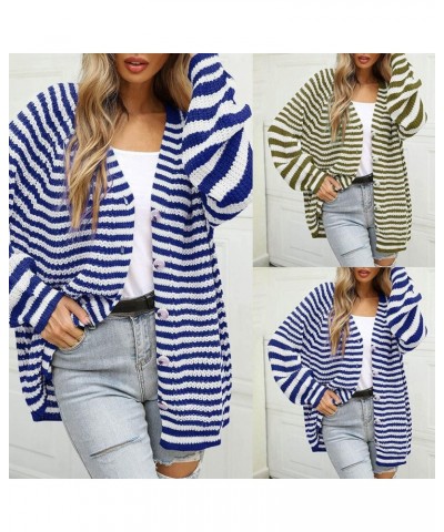 Women Striped Knit Sweater Short Cardigan Single Breasted Fall Colorblock Long Sleeve Lightweight Trendy E-blue $12.75 Sweaters