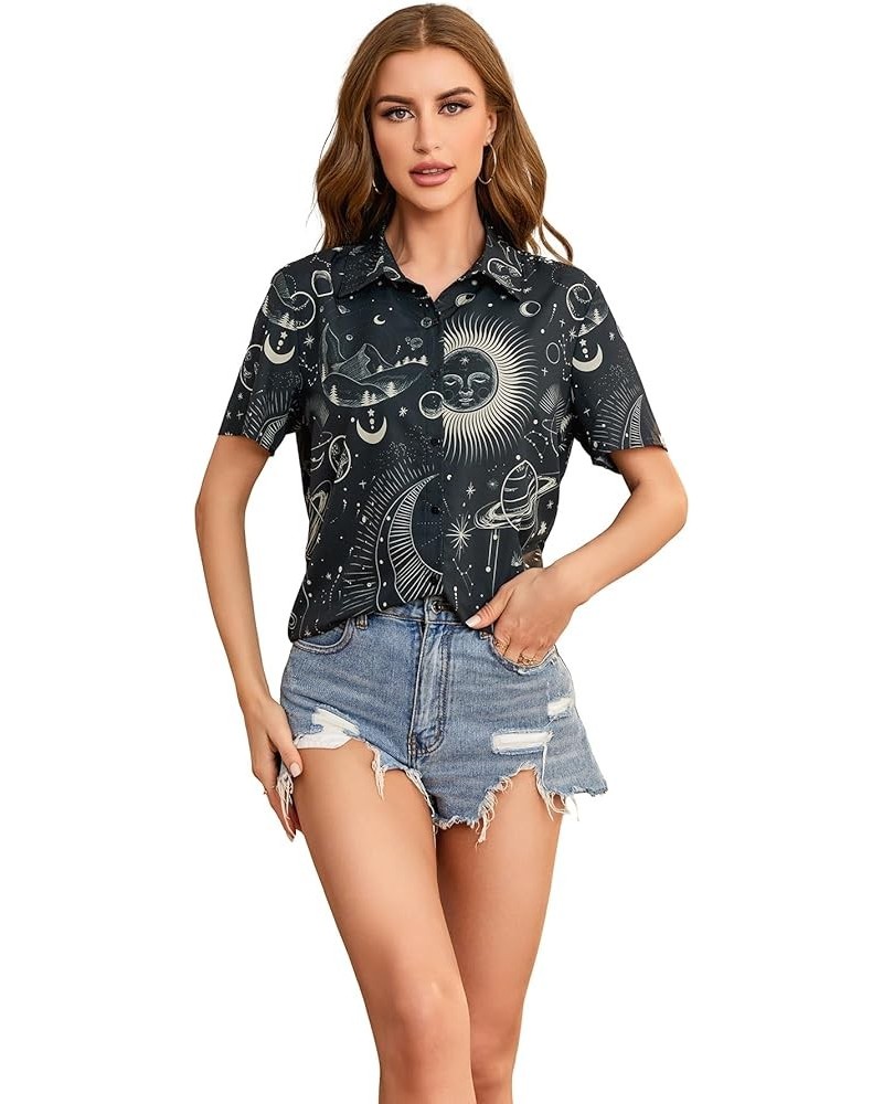 Women's Short Sleeve Cute Print Button Down Shirt Tops Black Sun Moon $13.02 Blouses