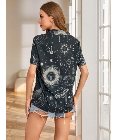 Women's Short Sleeve Cute Print Button Down Shirt Tops Black Sun Moon $13.02 Blouses