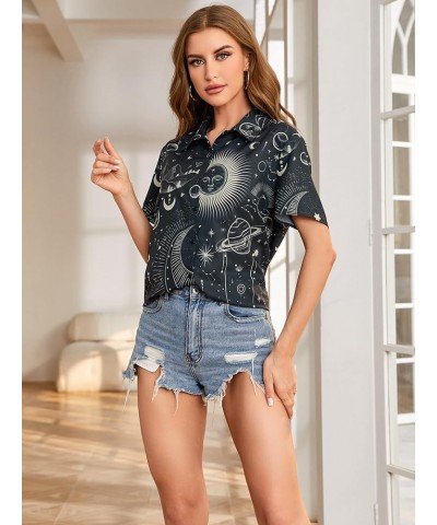 Women's Short Sleeve Cute Print Button Down Shirt Tops Black Sun Moon $13.02 Blouses