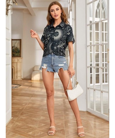 Women's Short Sleeve Cute Print Button Down Shirt Tops Black Sun Moon $13.02 Blouses