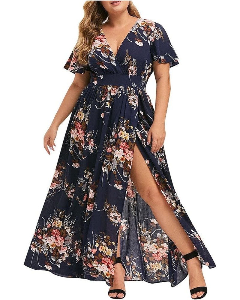 Plus Size Floral Dress Women Casual Sleeve V-Neck Short Printed Plus Size Dress Oversized Loose Dress Sundress A3-navy $10.65...