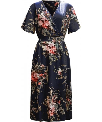 Plus Size Floral Dress Women Casual Sleeve V-Neck Short Printed Plus Size Dress Oversized Loose Dress Sundress A3-navy $10.65...