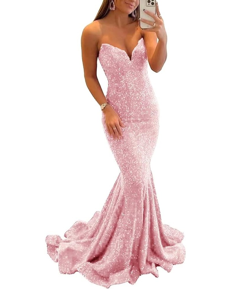 Sequin Mermaid Prom Dresses Sparkly Long V Neck Bodycon Backless Formal Evening Party Gown for Women Dusty Rose $27.30 Dresses