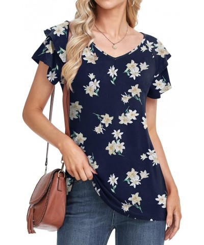 Womens Summer Tops Dressy Casual Flowy Ruffle Short Sleeve T Shirts V Neck Tunic Tops to Wear with Leggings Blue White Lily $...