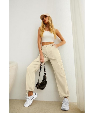 Women's High Waisted Cargo Pants Travel Y2K Streetwear Baggy Stretchy Pants with 6 Pockets Drawstring Ankle Cuffs Beige $17.8...