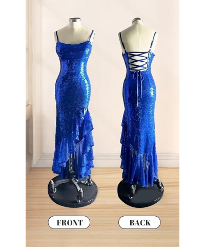 Ruffle Prom Dresses 2024 Sparkly Sequin Cowl Neck Spaghetti Strap Long Evening Gowns for Women Formal Blue $32.44 Dresses