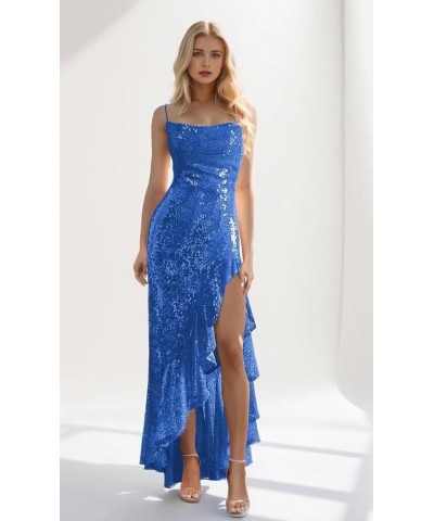 Ruffle Prom Dresses 2024 Sparkly Sequin Cowl Neck Spaghetti Strap Long Evening Gowns for Women Formal Blue $32.44 Dresses