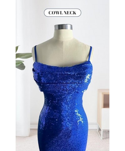 Ruffle Prom Dresses 2024 Sparkly Sequin Cowl Neck Spaghetti Strap Long Evening Gowns for Women Formal Blue $32.44 Dresses