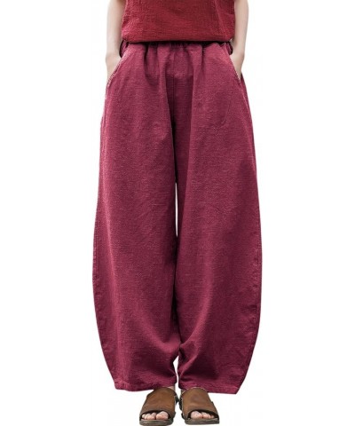 Women's Linen Pants Casual Wide Leg Relax Fit Ankle Length Lantern Trousers Burgundy $23.51 Pants