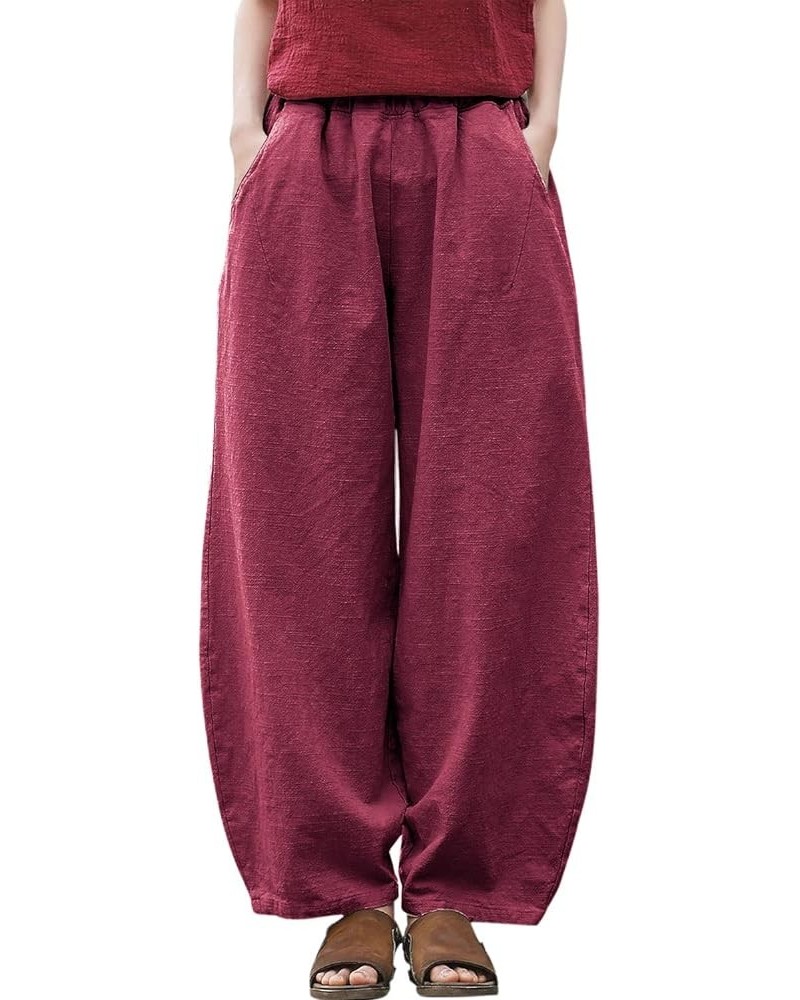 Women's Linen Pants Casual Wide Leg Relax Fit Ankle Length Lantern Trousers Burgundy $23.51 Pants