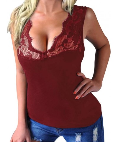 Women Camis Shirts Tanks Top Basic Sexy V Neck Sleeveless Sliming Lace Details Vest Aa-burgundy $11.87 Tops