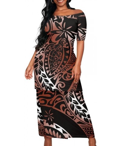 Women's 2 Piece Outfit Samoan Puletasi Tatau Polynesian Tribal Print Dress off Shoulder Top Skirts Set Brown Polynesian Totem...