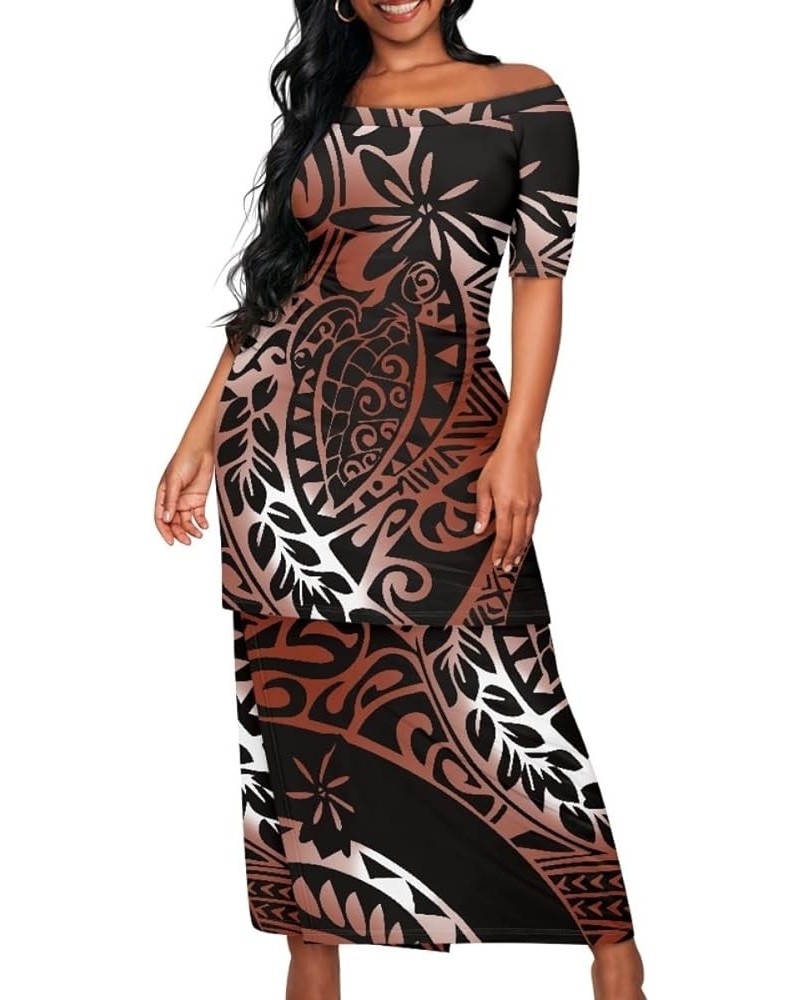 Women's 2 Piece Outfit Samoan Puletasi Tatau Polynesian Tribal Print Dress off Shoulder Top Skirts Set Brown Polynesian Totem...