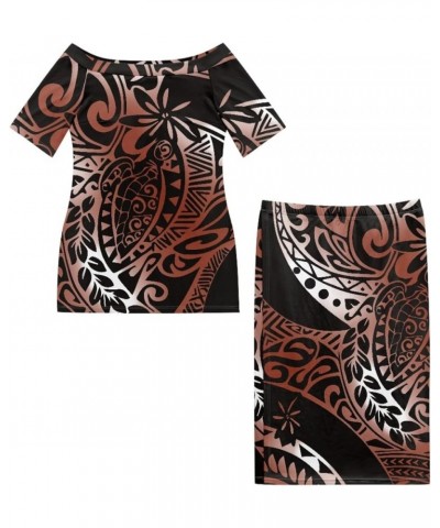 Women's 2 Piece Outfit Samoan Puletasi Tatau Polynesian Tribal Print Dress off Shoulder Top Skirts Set Brown Polynesian Totem...