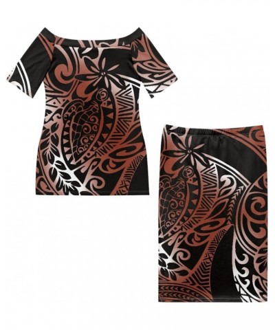 Women's 2 Piece Outfit Samoan Puletasi Tatau Polynesian Tribal Print Dress off Shoulder Top Skirts Set Brown Polynesian Totem...