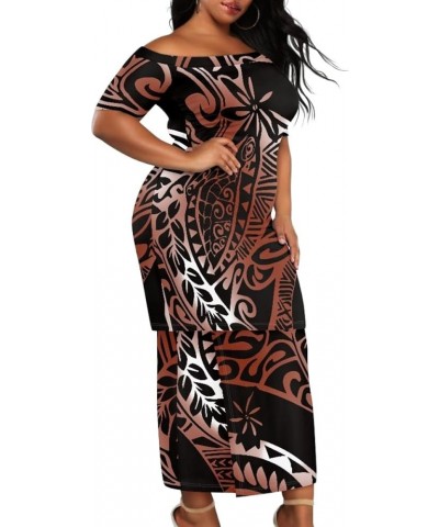 Women's 2 Piece Outfit Samoan Puletasi Tatau Polynesian Tribal Print Dress off Shoulder Top Skirts Set Brown Polynesian Totem...