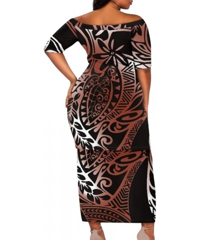 Women's 2 Piece Outfit Samoan Puletasi Tatau Polynesian Tribal Print Dress off Shoulder Top Skirts Set Brown Polynesian Totem...