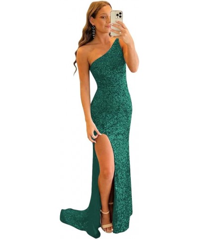 Women's Sequin One Shoulder Prom Dresses 2024 Mermaid Evening Gowns Long Formal Dress with Slit Teal $37.50 Dresses