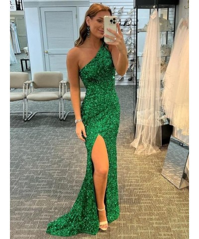 Women's Sequin One Shoulder Prom Dresses 2024 Mermaid Evening Gowns Long Formal Dress with Slit Teal $37.50 Dresses