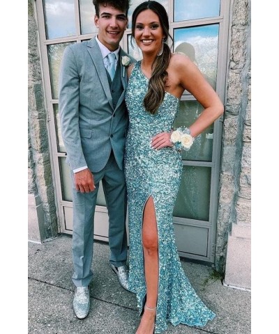 Women's Sequin One Shoulder Prom Dresses 2024 Mermaid Evening Gowns Long Formal Dress with Slit Teal $37.50 Dresses