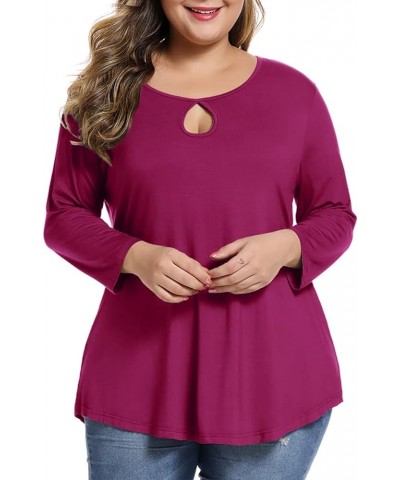 Womens Plus Size 3/4 Sleeve Casual Loose Keyhole Sexy Tunic Tops Basic Tee Shirts Fushia $13.24 Tops