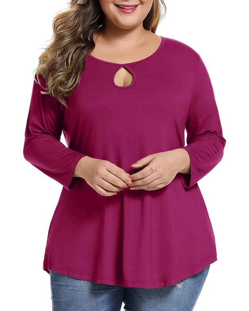 Womens Plus Size 3/4 Sleeve Casual Loose Keyhole Sexy Tunic Tops Basic Tee Shirts Fushia $13.24 Tops