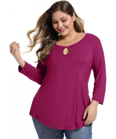 Womens Plus Size 3/4 Sleeve Casual Loose Keyhole Sexy Tunic Tops Basic Tee Shirts Fushia $13.24 Tops