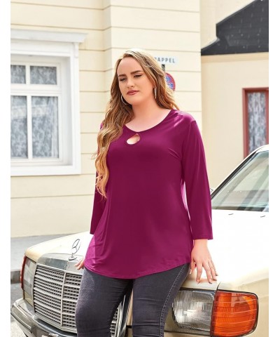 Womens Plus Size 3/4 Sleeve Casual Loose Keyhole Sexy Tunic Tops Basic Tee Shirts Fushia $13.24 Tops