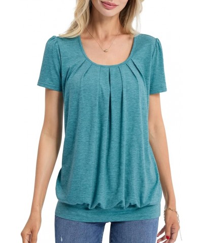 Women's Short Sleeve Summer Tops Scoop Neck Pleated Front Casual Tee T Shirt Pagoda Blue $10.00 T-Shirts