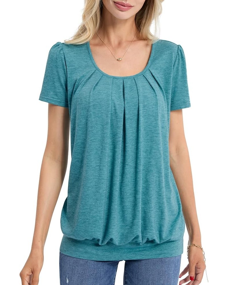 Women's Short Sleeve Summer Tops Scoop Neck Pleated Front Casual Tee T Shirt Pagoda Blue $10.00 T-Shirts