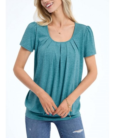 Women's Short Sleeve Summer Tops Scoop Neck Pleated Front Casual Tee T Shirt Pagoda Blue $10.00 T-Shirts