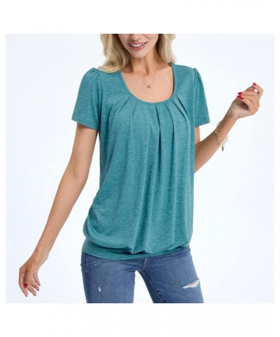 Women's Short Sleeve Summer Tops Scoop Neck Pleated Front Casual Tee T Shirt Pagoda Blue $10.00 T-Shirts