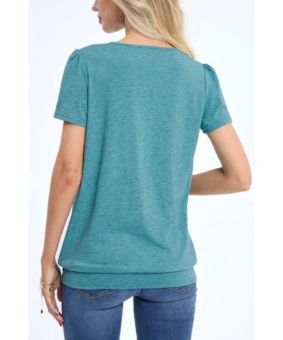 Women's Short Sleeve Summer Tops Scoop Neck Pleated Front Casual Tee T Shirt Pagoda Blue $10.00 T-Shirts