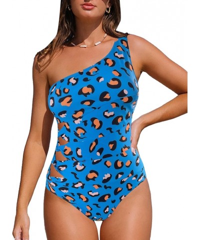 Women's One Piece Swimsuit One Shoulder Waist Cut Out Bathing Suit Blue Leopard $17.91 Swimsuits