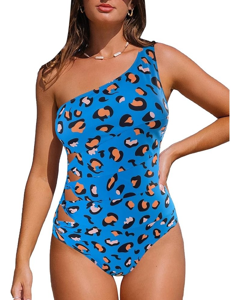 Women's One Piece Swimsuit One Shoulder Waist Cut Out Bathing Suit Blue Leopard $17.91 Swimsuits