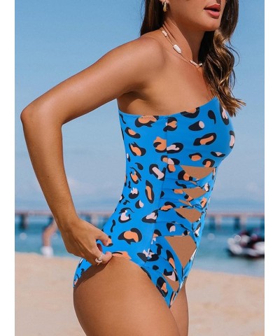 Women's One Piece Swimsuit One Shoulder Waist Cut Out Bathing Suit Blue Leopard $17.91 Swimsuits