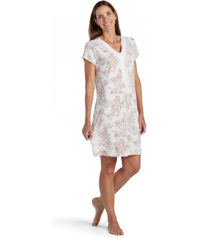 Nightgown - Women's Short Nightgown in SOFIKNIT® fabric, V- Neckline with Beautiful Lace Trim, Women's Sleepwear Pink Floral ...